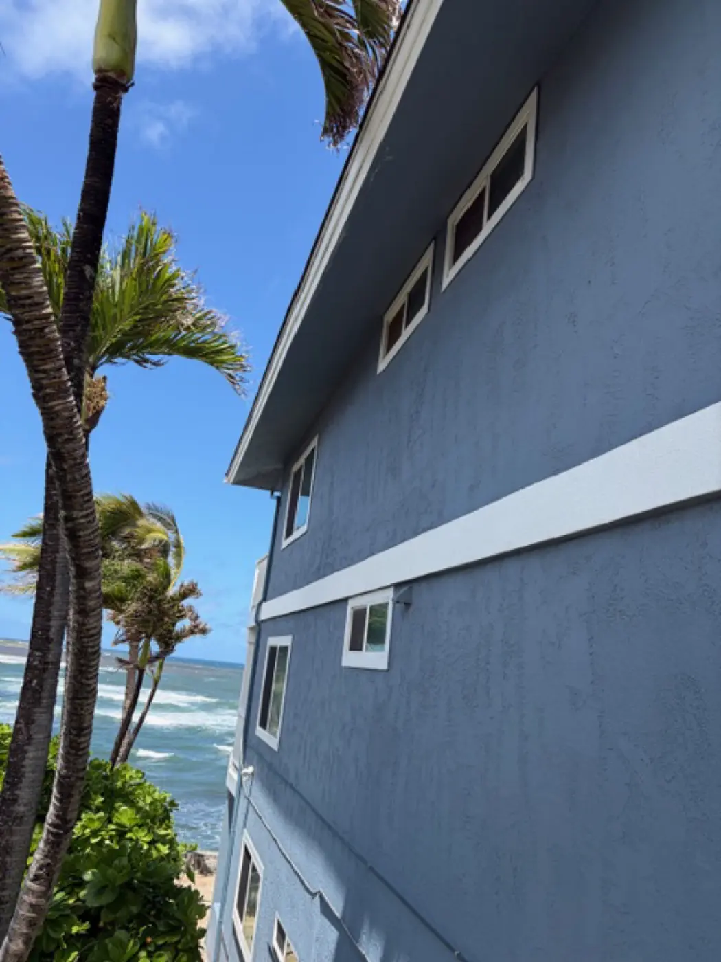 Oceanfront residence finished in deep slate-blue with crisp white louvered soffits and trim, palms framing the ocean view beyond, sealed against ongoing salt-air exposure
