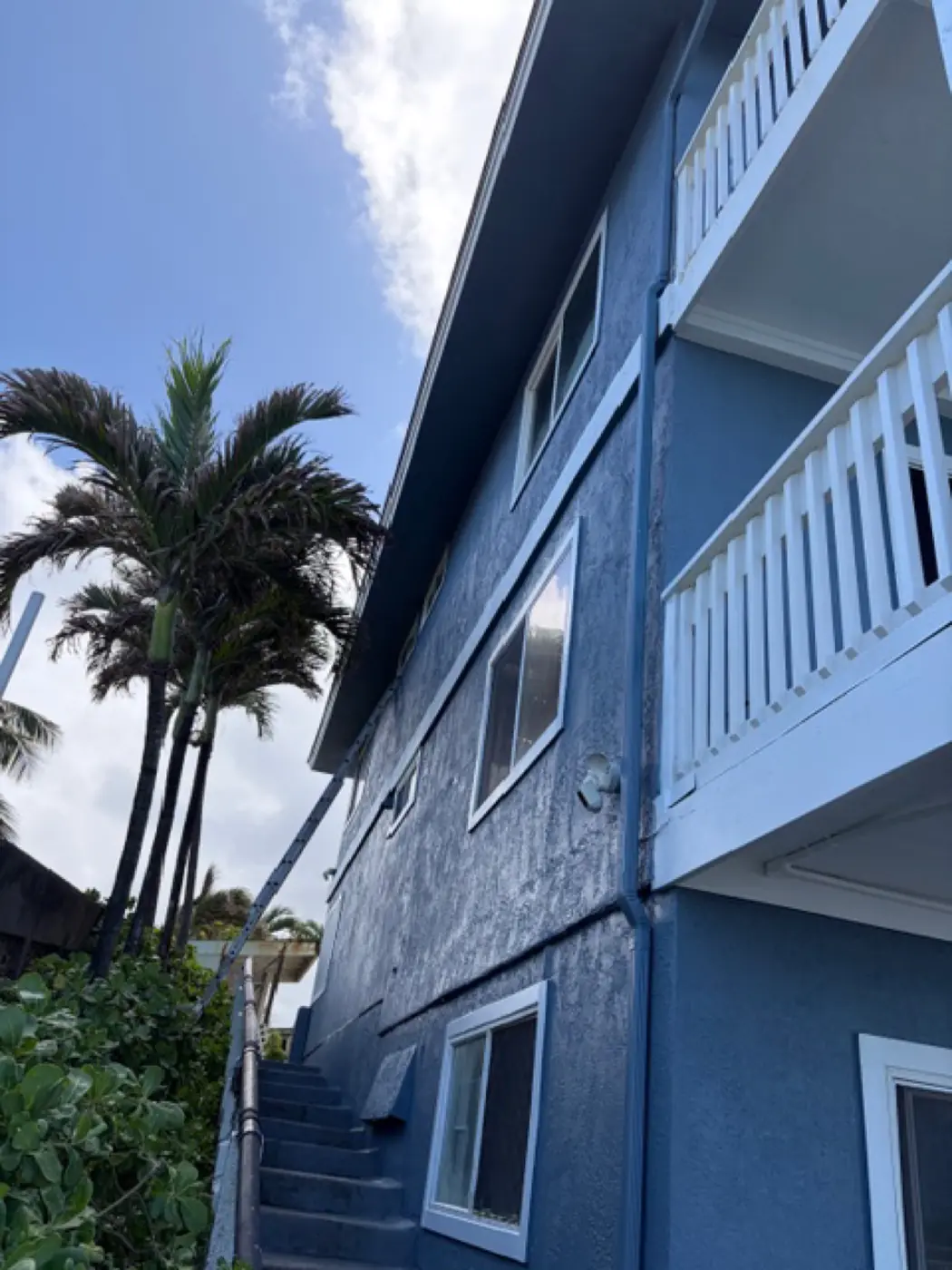 Salt-air spec finish: slate-blue stucco walls and white soffit framing a palm-and-ocean view at the property line